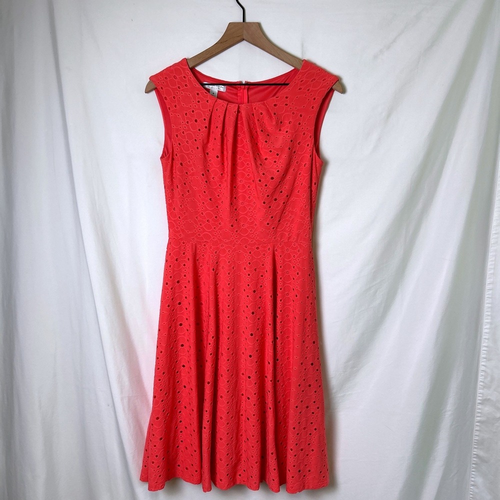 London Style Collection Women Eyelet Pleated Fit Flare Dress Size 6 Coral Pink